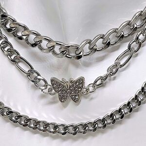 3 Piece Set - Butterfly 🦋 on Silver l Rhinestone adorned l 3 chain Set l New